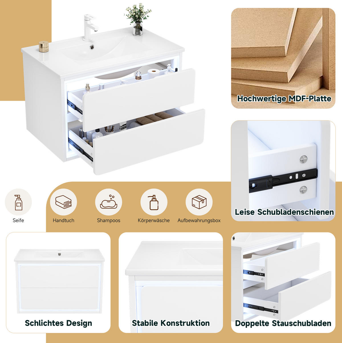 WASCHTISCHKOMBI 76/46/48,5 cm Weiß aus MDF und Keramik mit LED-Radarsensor-Beleuchtung - Weiß, Holzwerkstoff (76/58.5/46cm) - OKMYHOME