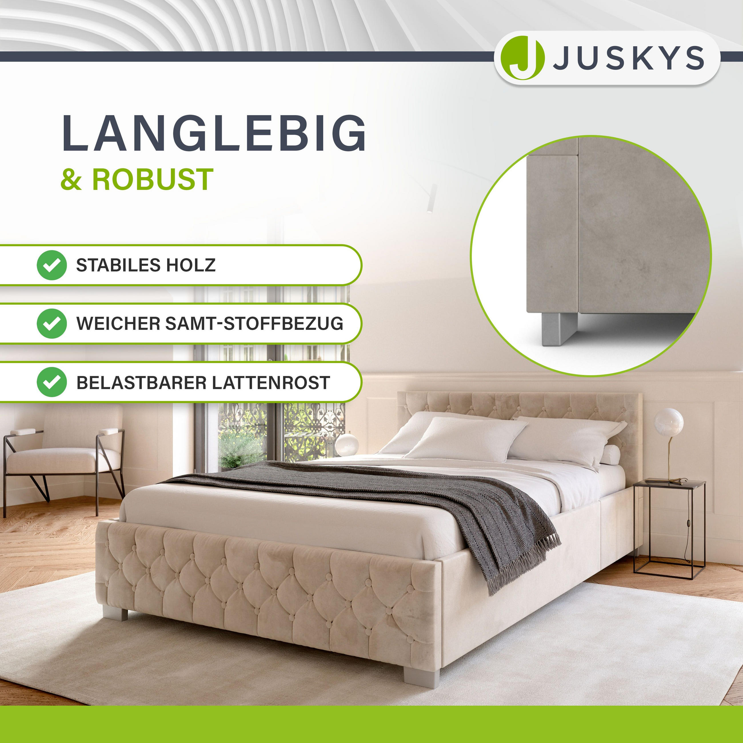 POLSTERBETT Nizza Beige 140x200 cm mit Matratze - Beige, Holz (140/200cm) - Juskys