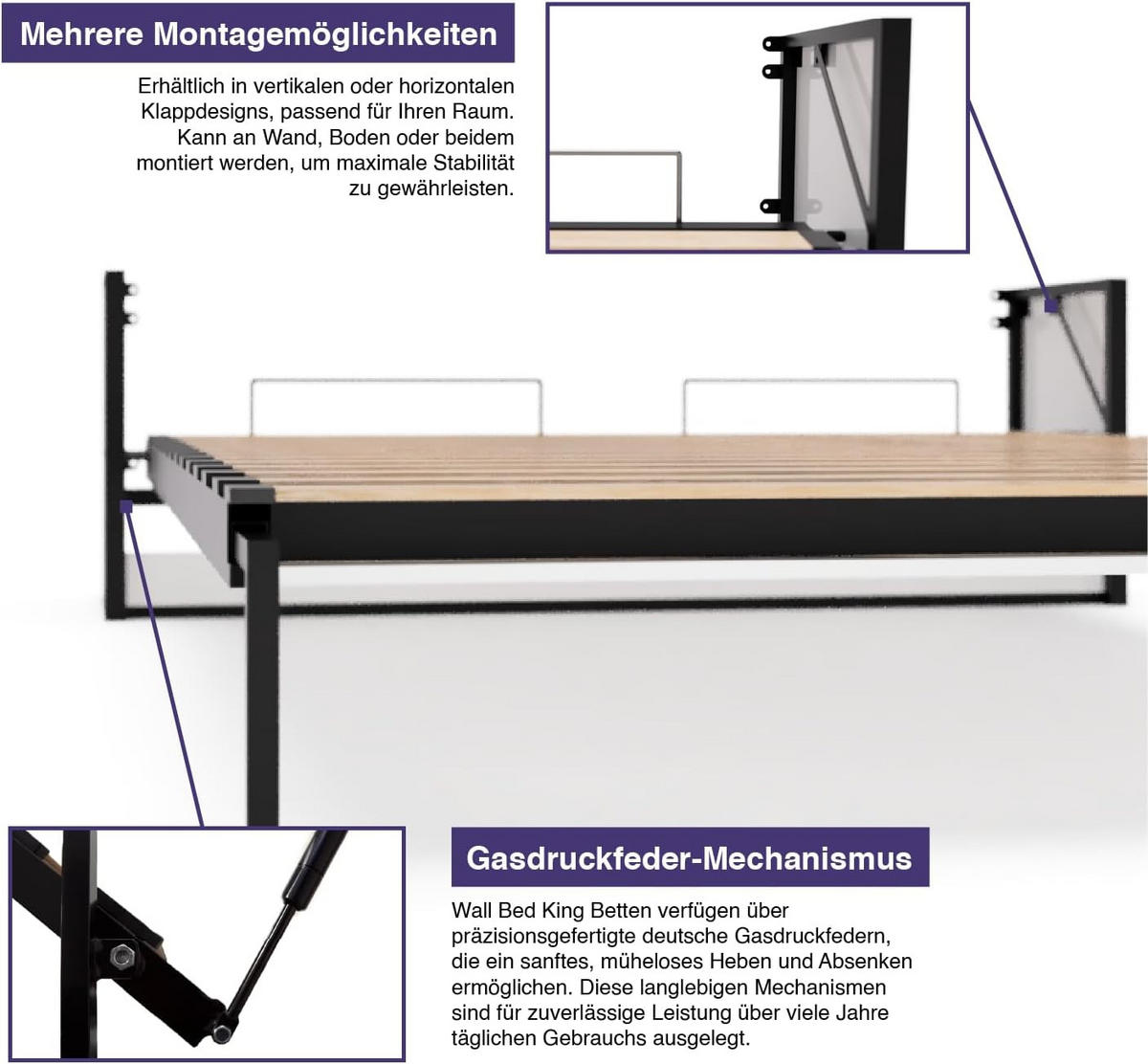 WANDBETT Murphy Studio 160x200 Vertikal, mit Gasdruckfeder-Mechanismus - Brombeere/Graphitfarben, Holzwerkstoff/Metall (160/200cm) - WallBedKing