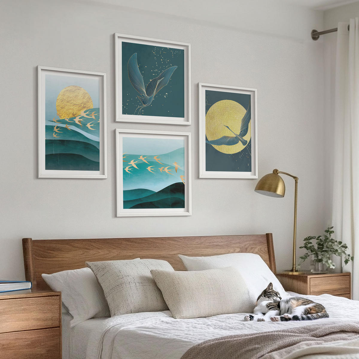 WANDBILDER 4er-Set - 50x50 cm & 40x60 cm Weißer Rahmen - Stilvolle Landschaften mit Vögeln - Weiß, Kunststoff (50/50cm) - ArtPrintCave