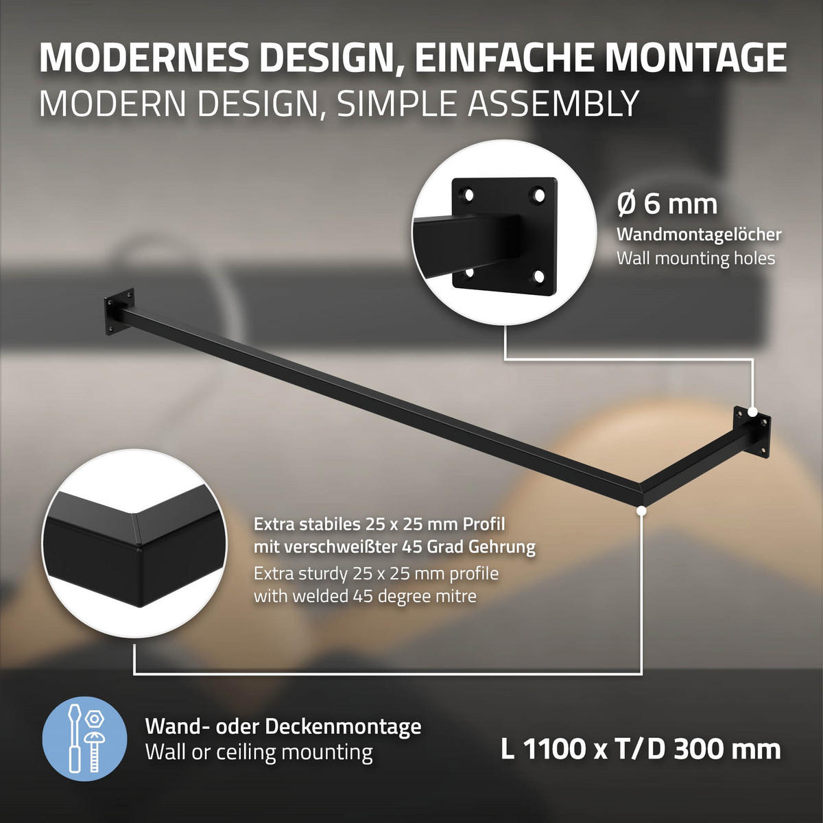 KLEIDERSTANGE - Schwarz, Metall (30/6.5/112cm) - ML-DESIGN