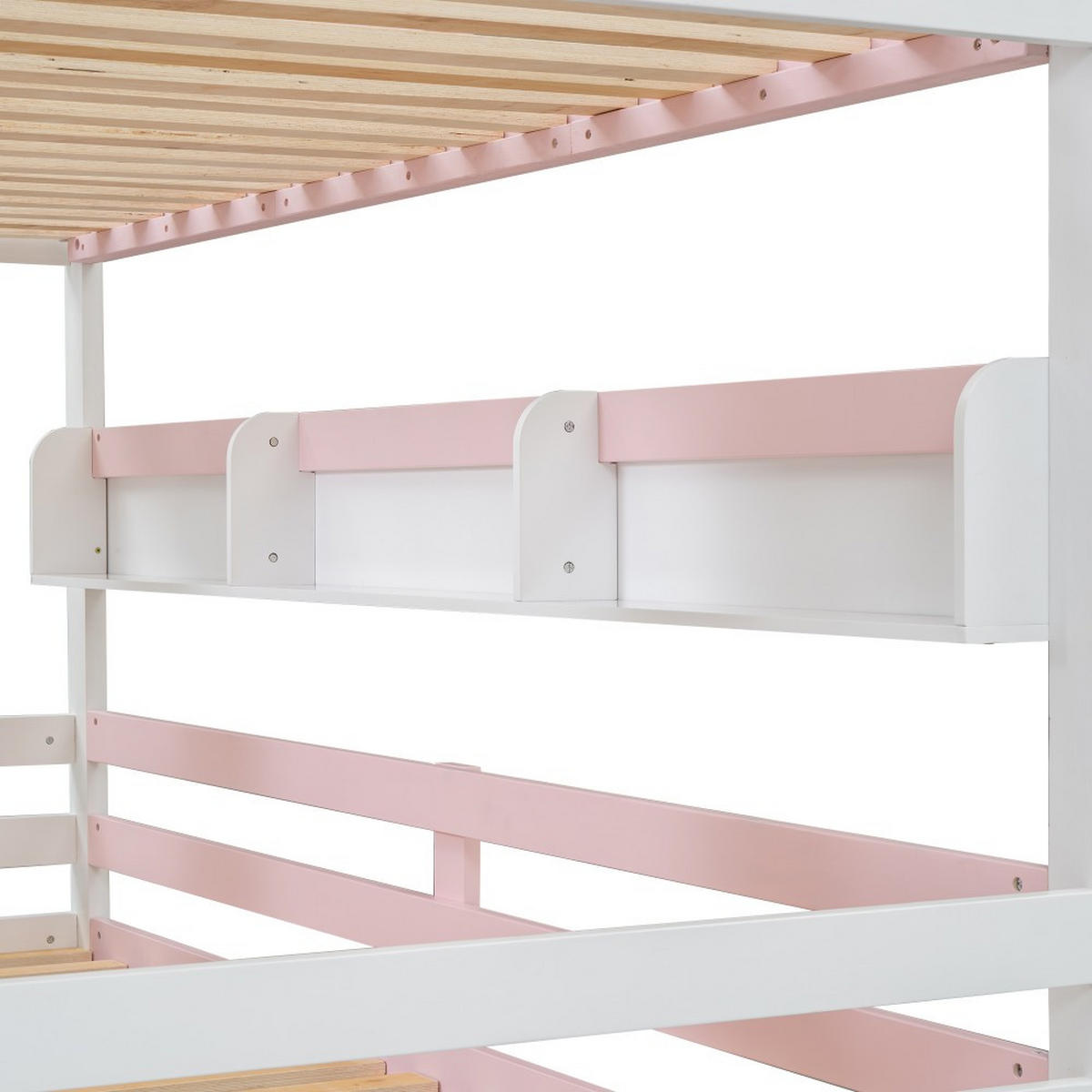 ETAGENBETT 90x200cm in Weiß+Rosa mit Dach und Fenster - Pink, Holz (90/200cm) - KOMHTOM