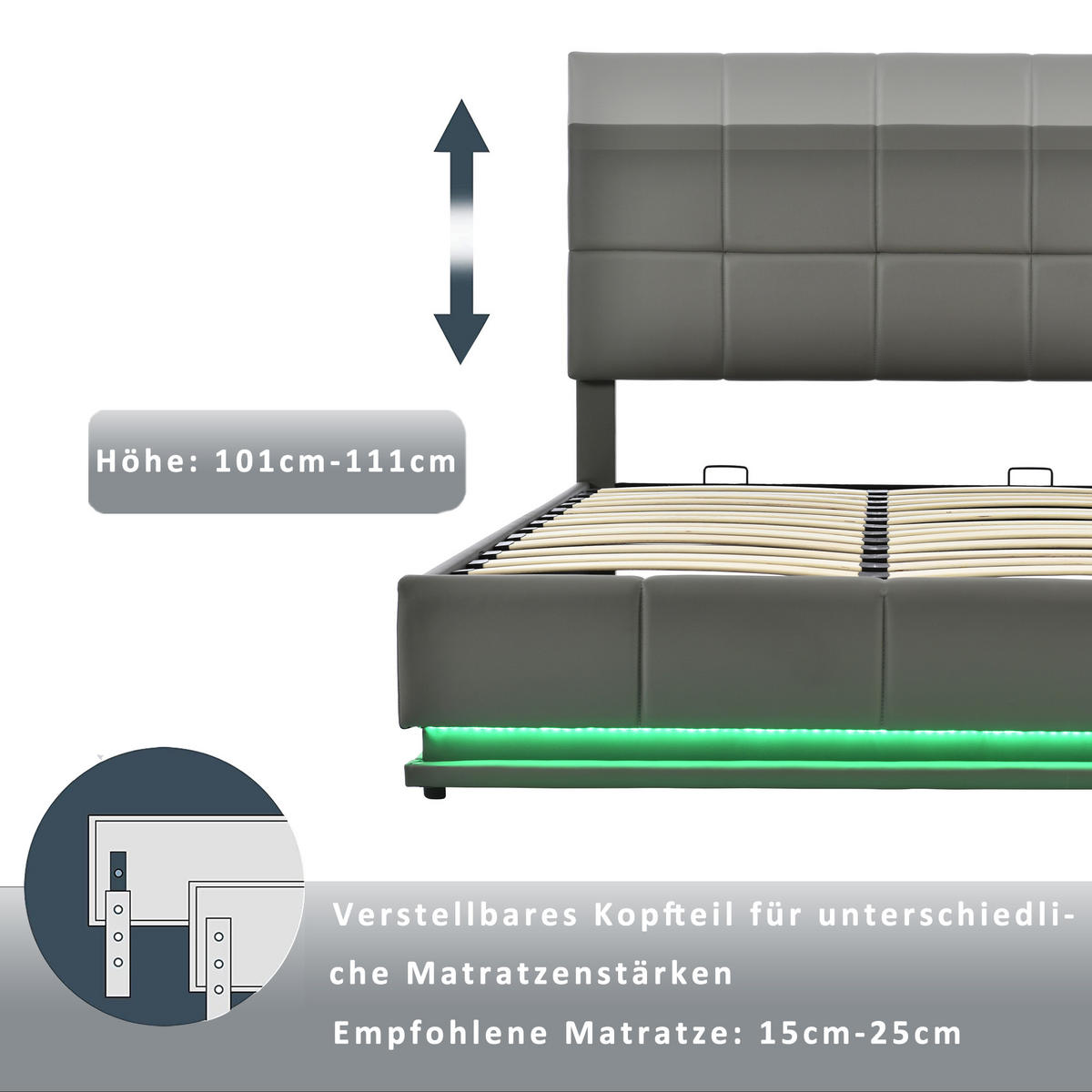 POLSTERBETT 140x200 LED Hydraulisch Stauraum Kunstleder Grau - Grau, Holzwerkstoff - FLIEKS