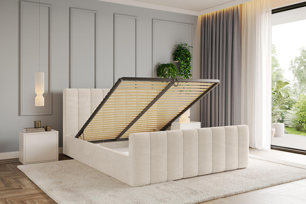 POLSTERBETT mit Bettkasten, Fußteil und Lattenrost, Boxbett mit Matratze H3/H4 - STERA-Z 140x200 Beige - Sandfarben, Holzwerkstoff/Textil (140/200cm) - ALTDECOR
