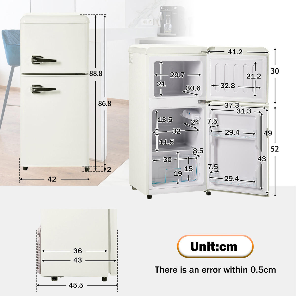 KÜHLSCHRÄNKE Retro Kühlschrank Freistehend 88,8cm Creme weiß 60L Gefrierkombination - Weiß, Metall (45/91/46cm) - Raelunyi