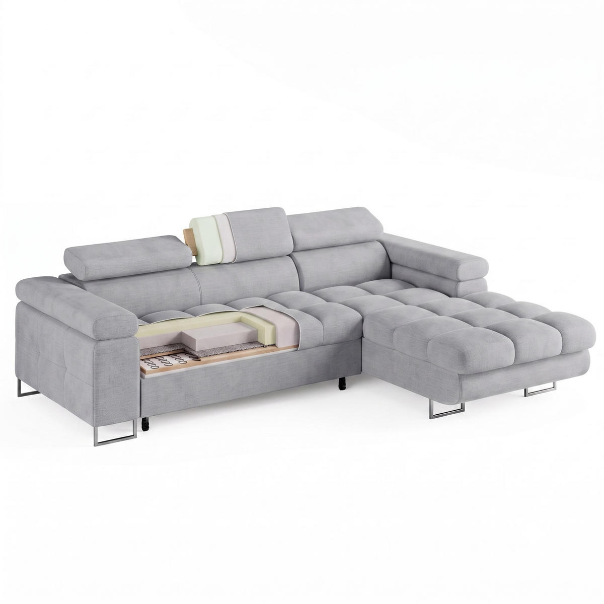 ECKSOFA CLOUD Rechts Dunkelbraun L-Form Bouclé-Stoff mit Schlaffunktion und Bettkasten - Chromfarben/Dunkelbraun, Holz/Metall (175/235cm) - Barchello