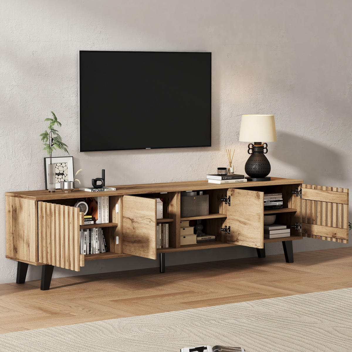 TV-SCHRANK 180/40/55 cm Naturholzfarbe aus Spanplatte mit 8 Fächern - Hellbraun, Holzwerkstoff (180/55/40cm) - OKWISH