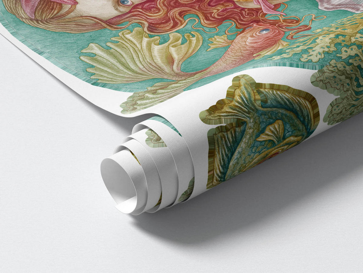 WANDAUFKLEBER 100x99cm - Meerjungfrauen-Zeichentrickwelt - Multicolor, Kunststoff (100/99/0.1cm) - Wallfluent