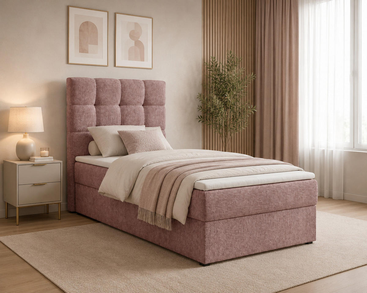 BOXBETT - Bett 05 OSLO - Aragon - 90x200 cm - mit Bettkasten und Komfort-Topper - Rosa, Holz (90/200cm) - ROYAL24_MARKT