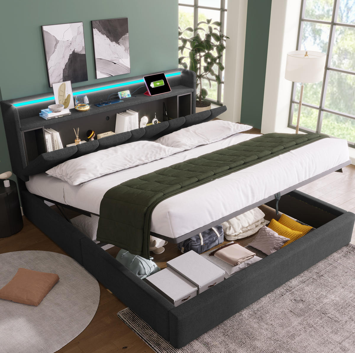 POLSTERBETT 160/200 cm Grau mit Stauraum-Kopfteil und USB-Ladefunktion - Grau, Textil (160/200cm) - OKWISH