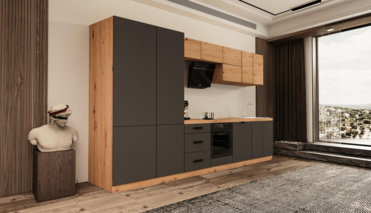 KÜCHENZEILE 360 cm - Langen KL19-M360 - in Grau / Artisan Eiche - Schwarz/Eiche Artisan, Holz/Metall (360/212/58cm)