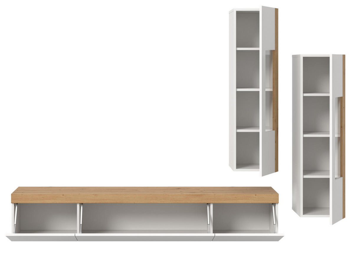 WOHNWAND 3-teilig weiß und Eiche 270 cm, Schrankwand stehend/hängend - Schwarz/Weiß, Glas/Holzwerkstoff (270/181/33cm) - Inn.Furn