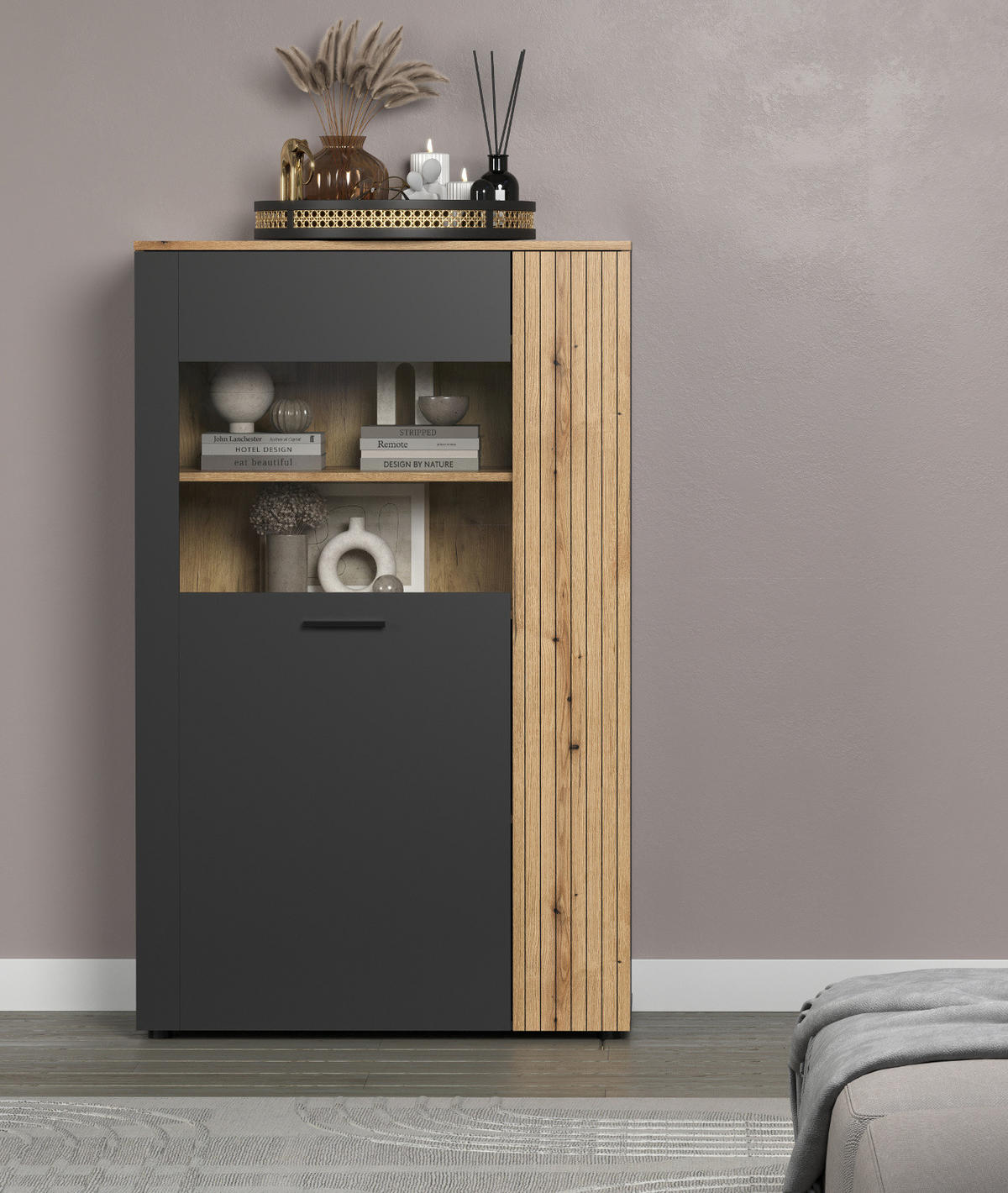 HIGHBOARD grau, Evoke Eiche 90 x 146 cm, Vitrine 2-türig - Eichefarben/Anthrazit, Holzwerkstoff/Kunststoff (90/146/42cm) - Top.Furn
