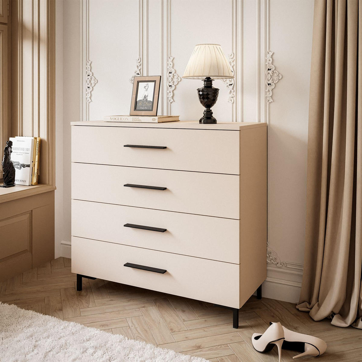 KOMMODE LINA KASCHMIR 4S mit Schubladen und LED-Beleuchtung Schwarze Beine und Griffe - Kaschmir/Schwarz, Holzwerkstoff (95/86/40cm) - Lookway