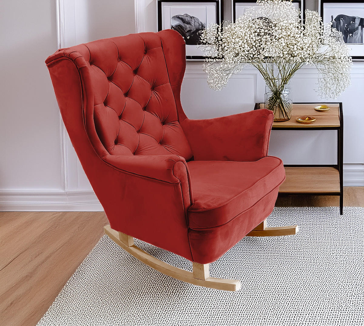 SCHAUKELSESSEL mit gepolstertem Sitz und Armlehnen, 102x81x95 cm, Burgunderrot_29834 - Buchefarben/Dunkelrot, Holz/Textil (81/102/95cm) - DomoHome