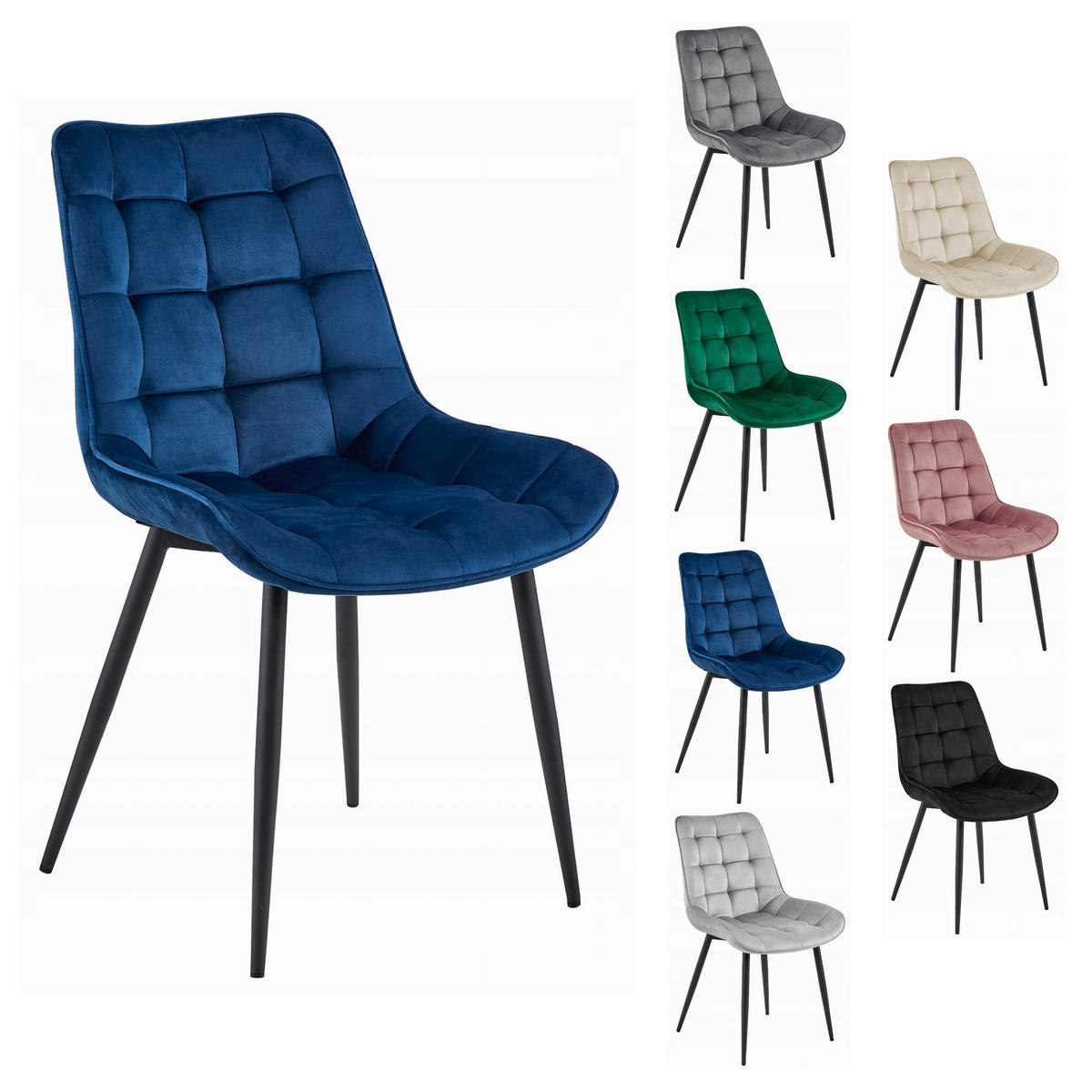 STUHL BARDI 2-er Set, Blau, Schwarz, mit Samtstoff gepolstert - Grün, Textil/Metall (49/83/58cm) - Komodee