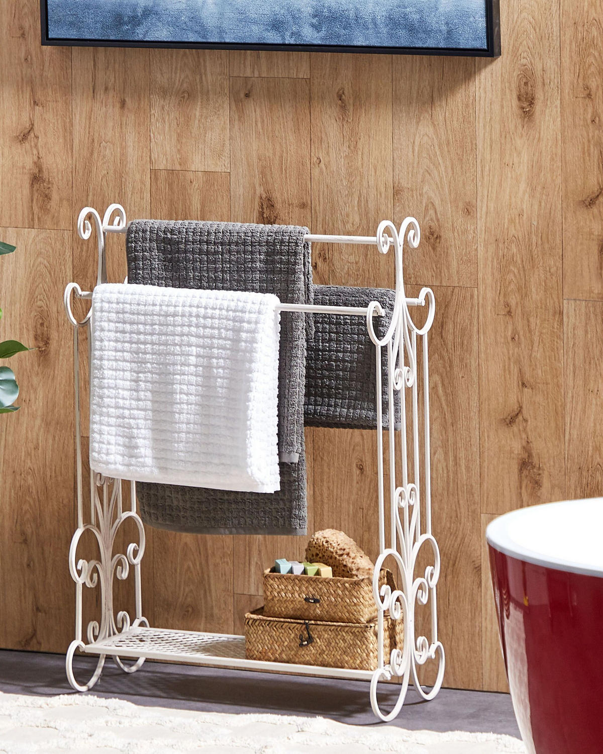 HANDTUCHSTÄNDER Antik Optik weiß 60 x 90 cm Gladis - Weiß, Metall (60/90/35cm) - Beliani