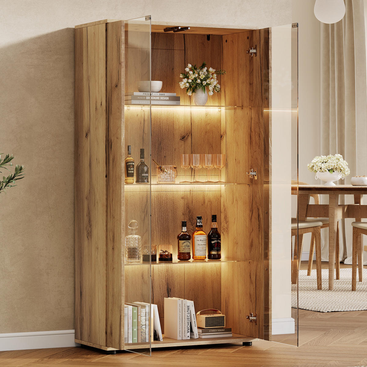 VITRINE 80x36x150,5 cm Natur mit LED und 2 Türen - Naturfarben, Holzwerkstoff (80/150.5/36cm) - FLIEKS