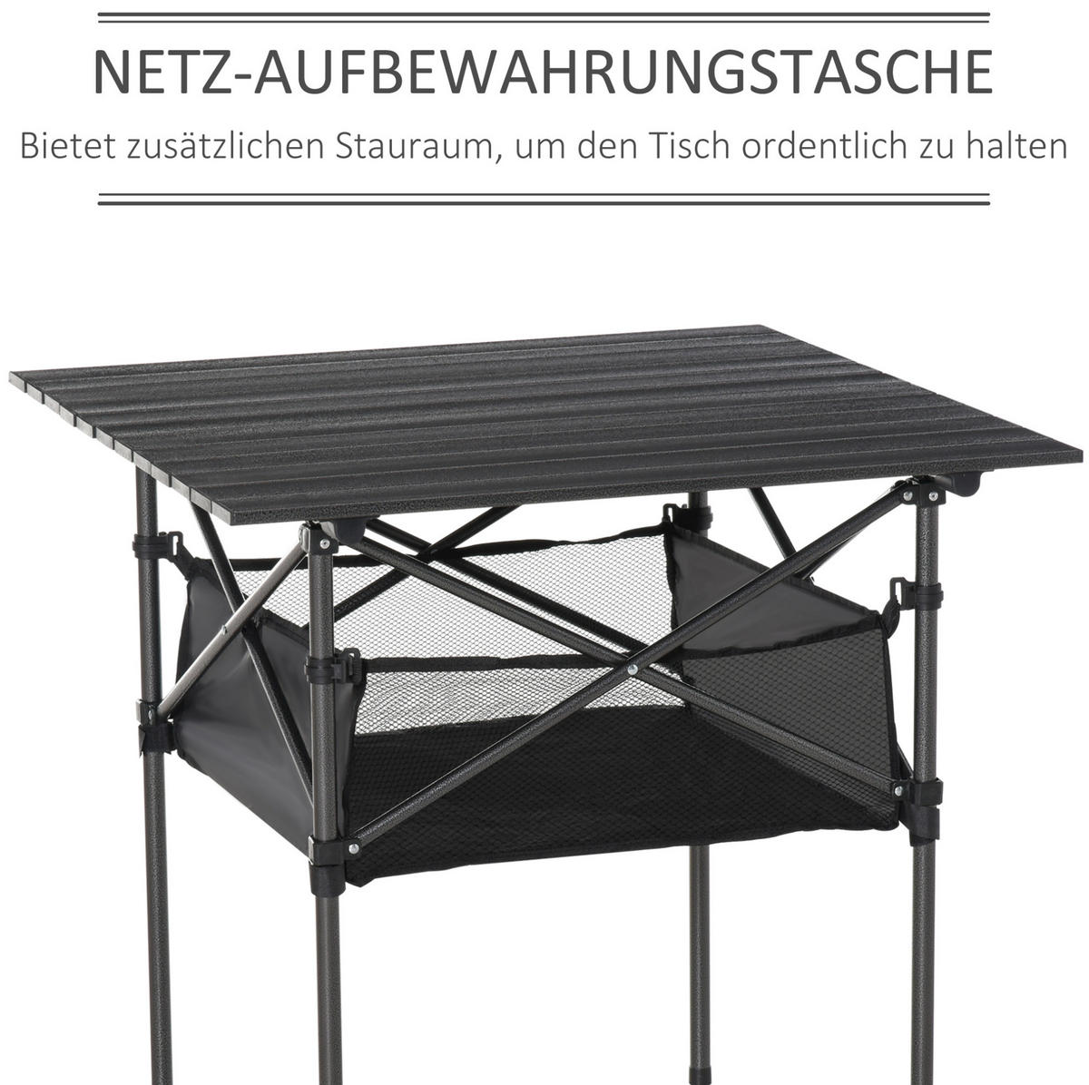 KEMPINGOVÝ stôl 70/70/69 cm sivý skladací z hliníka s úložnou sieťkou - sivá, kov (70/69/70cm) - OKWISH