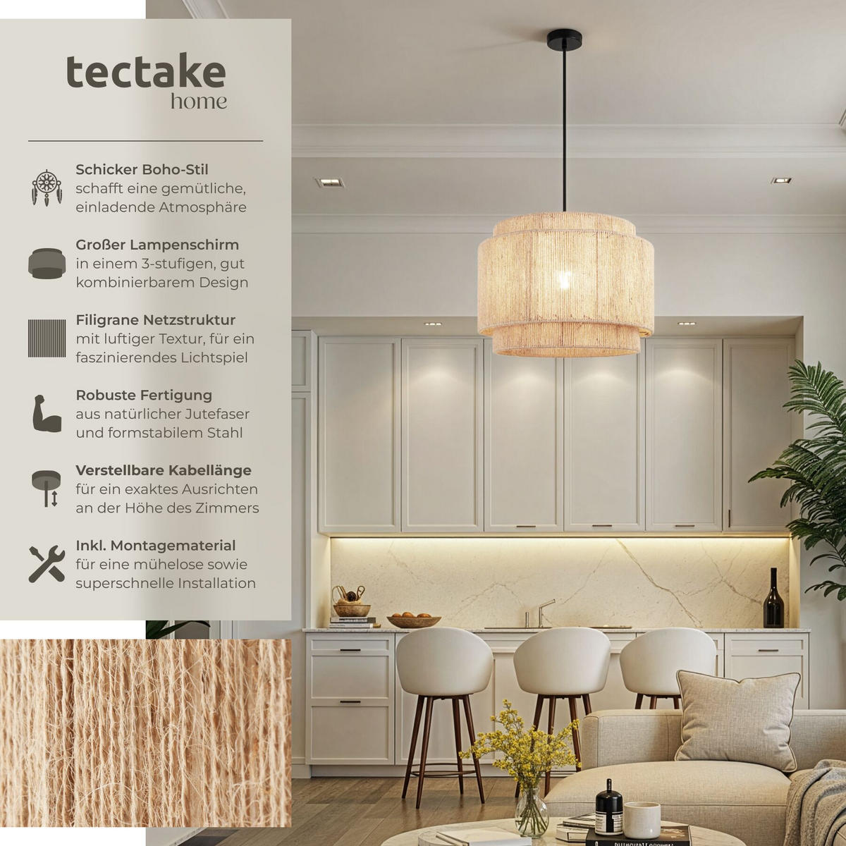 HÄNGELEUCHTE Lignea Lux aus Jute, 46 x 32 cm, natur - Naturfarben, Metall (46/46/32cm) - tectake