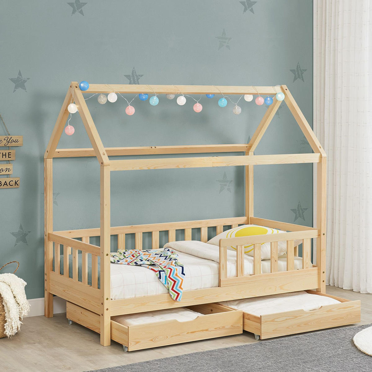 KINDERBETT Marli natur 90x200 cm mit Bettkasten - Naturfarben, Holz (90/200cm) - Juskys