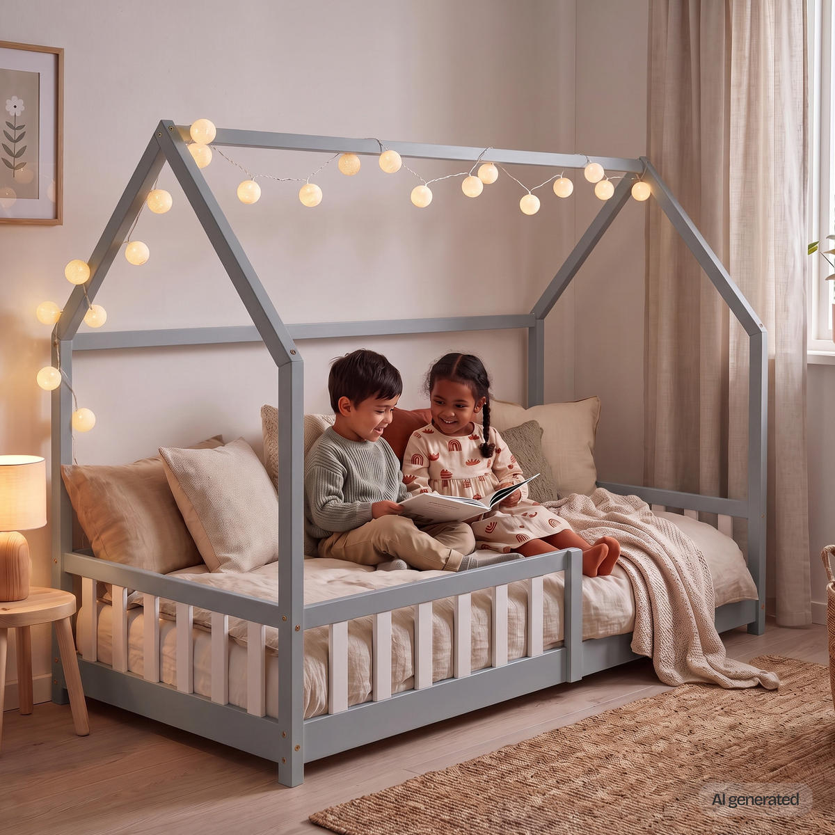 HAUSBETT Hesel mit Matratze - Grau, Holz/Textil (90/200cm) - [en.casa]