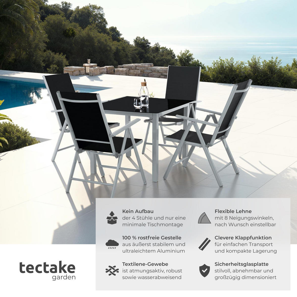 SITZGRUPPE Stabia,Tisch mit Sicherheitsglasplatte und Ausgleichsschrauben,silber - Silberfarben, Naturmaterialien/Kunststoff - tectake