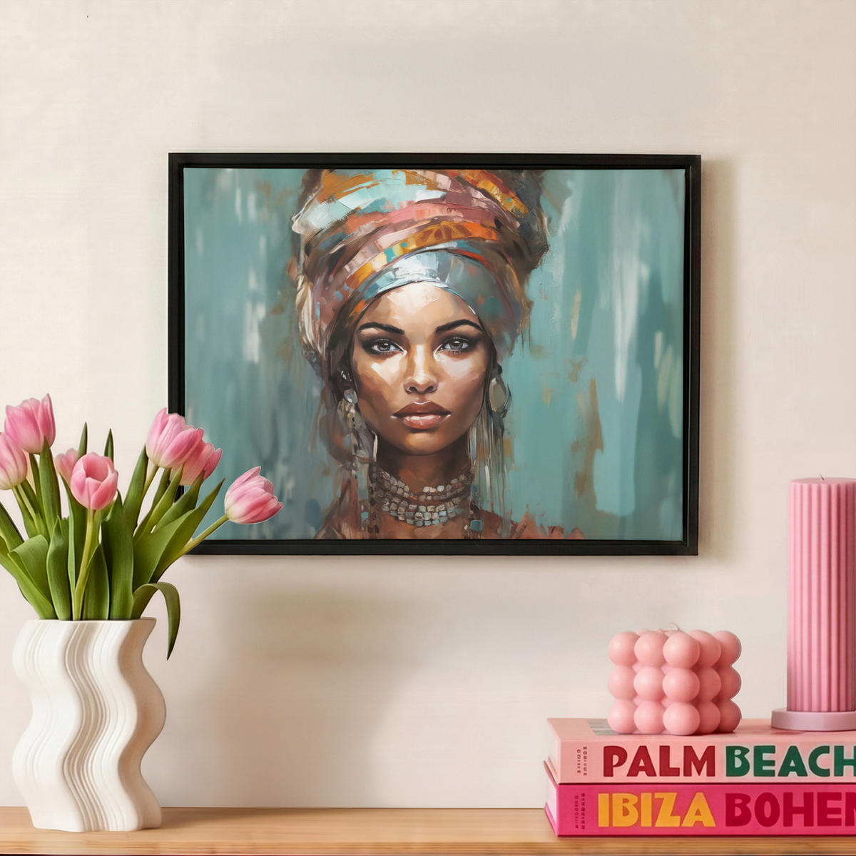 LEINWAND Bilder mit Rahmen - Frau - Kunst - Schmuck - Porträt - 40x30 - Blaugrau, Textil (40/30cm) - MuchoWow