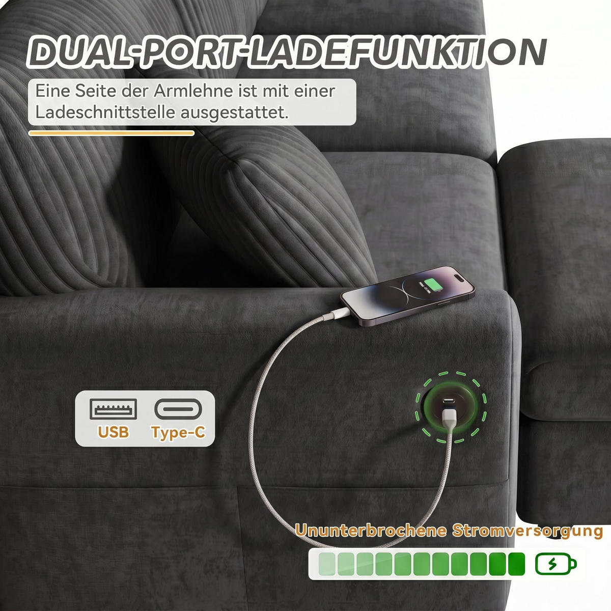 ECKSOFA 223/146/84 cm Schwarz mit 1 Fußhocker, 2 quadratischen Kissen, 1 USB-Anschluss und 1 Type-C-Anschluss - Schwarz, Textil (146/84/223cm) - Oxeza