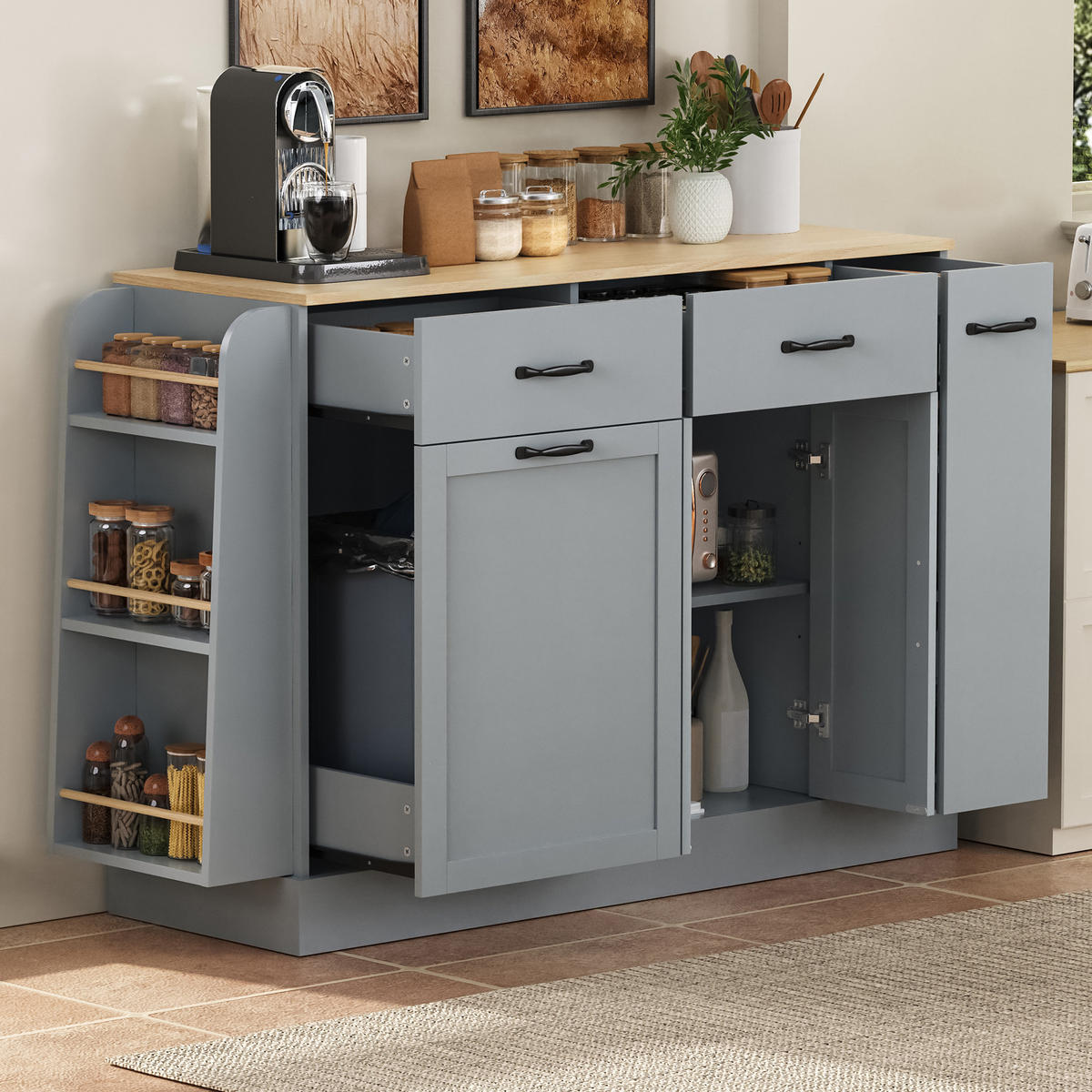SIDEBOARD mit Abfallfach, Gewürzregal und Schubladen, Grau - Grau, Holzwerkstoff (133.5/86/40cm)