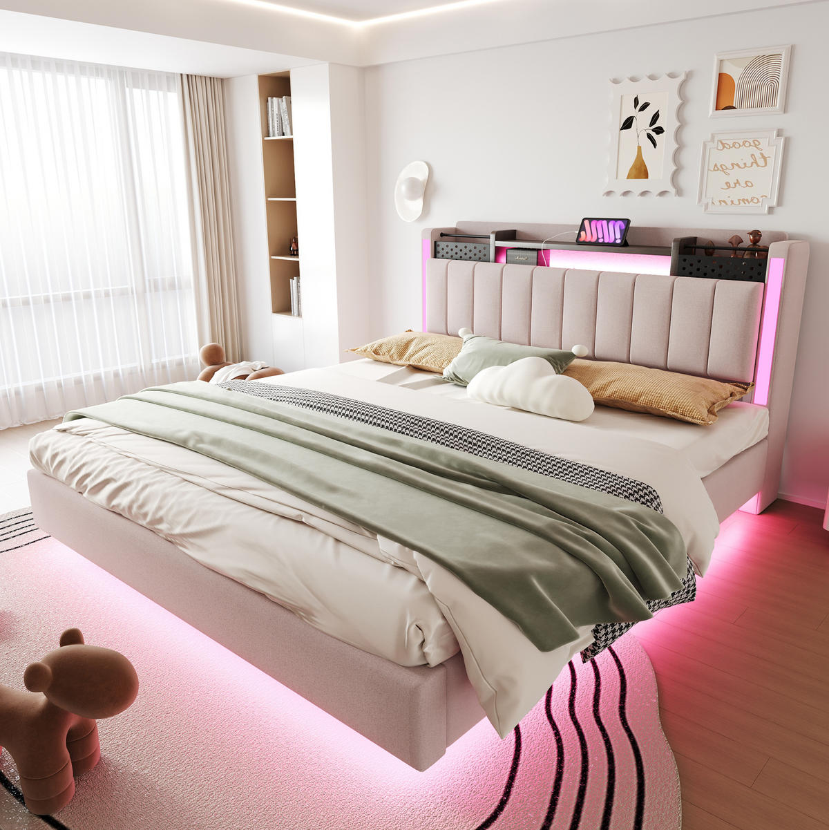 POLSTERBETT 160/200 cm mit LED-Beleuchtung, USB und Stauraum im Kopfteil - Beige, Textil (160/200cm) - BEAOK