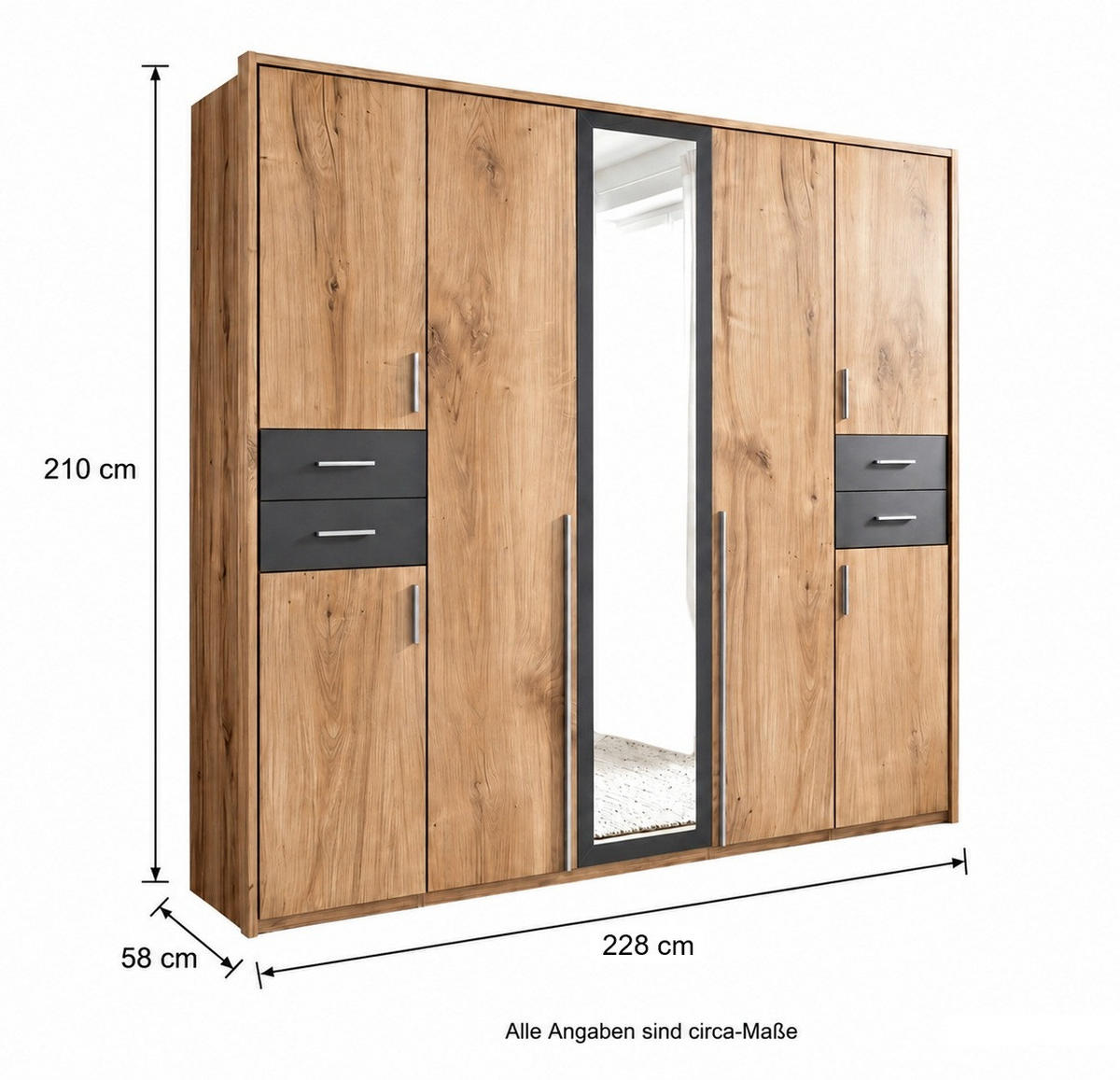 DREHTÜRENSCHRANK Kleiderschrank B228/H210/T58 cm mit Schubkästen & Passepartout & 1 Spiegeltür, Eiche Dekor mit Absetzungen in Grafit / 22570 - Eichefarben/Silberfarben, Holzwerkstoff/Kunststoff (228/210/58cm) - luma-home