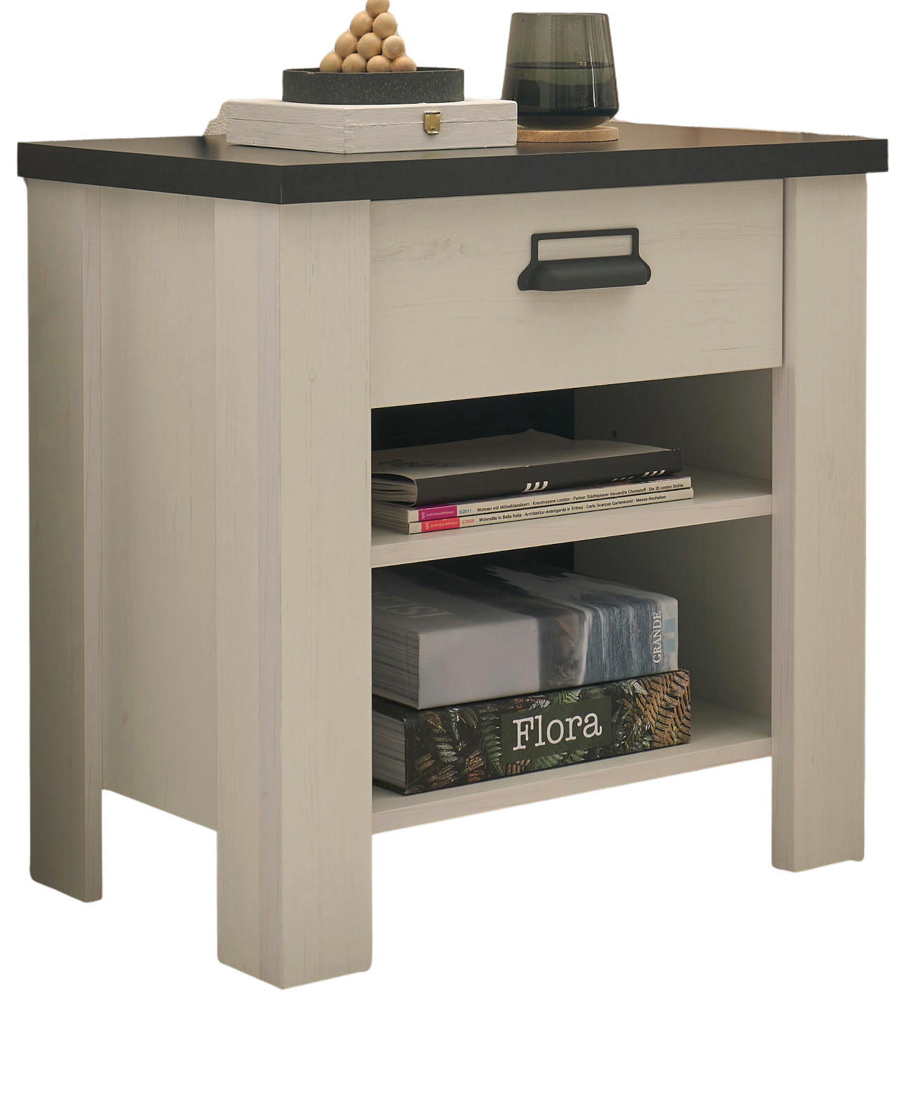 NACHTTISCH weiß Pinie, anthrazit, Landhaus Nachtkommode mit Schubkasten in Komforthöhe - Anthrazit/Weiß, Holzwerkstoff/Metall (60/61/39cm) - Furn.Design