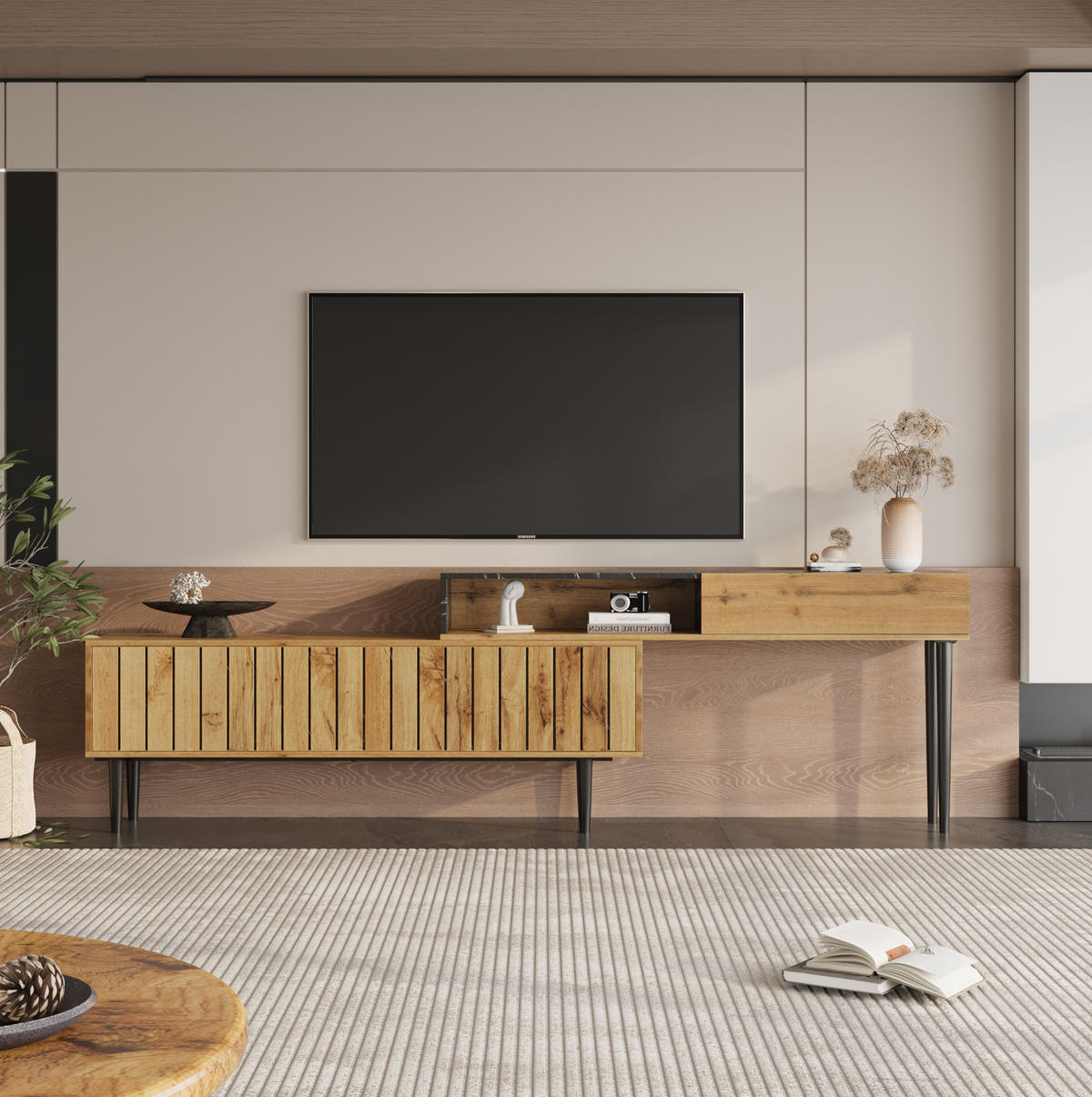 LOWBOARD TV-Lowboard aus MDF und Spanplatte mit Marmor- und Holzdekor Naturfarben - Naturfarben, Holzwerkstoff (240/58/22cm) - Modenvie