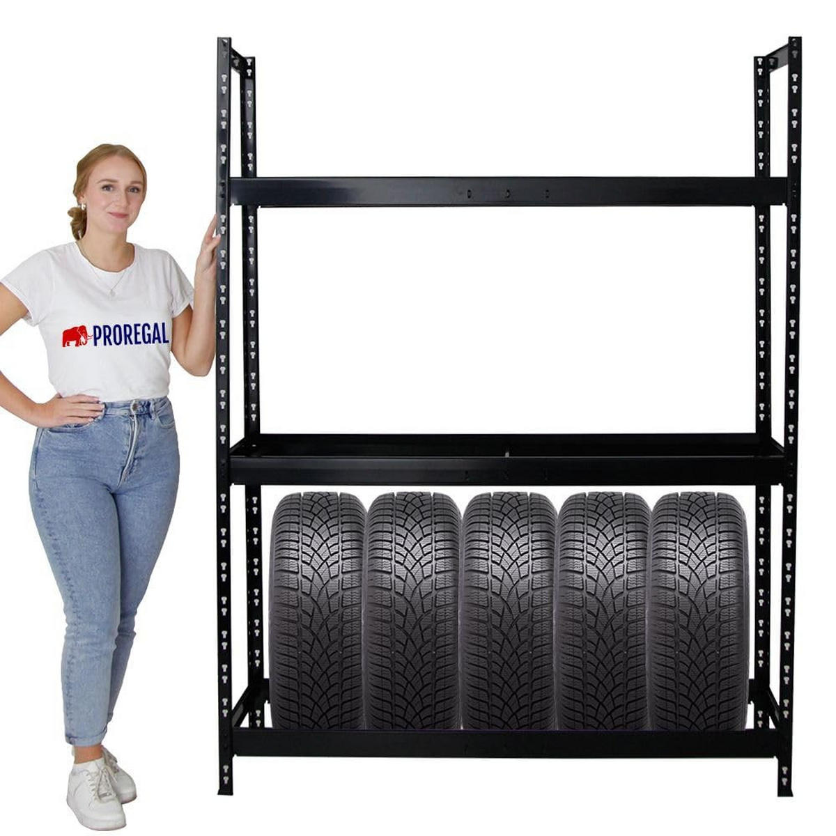 REIFENREGAL Tiger XL 2er-Set mit 2x 200x150x45 cm 300 kg Fachlast bis zu 36 Reifen Schwarz - Schwarz, Metall (300/200/45cm) - PROREGAL