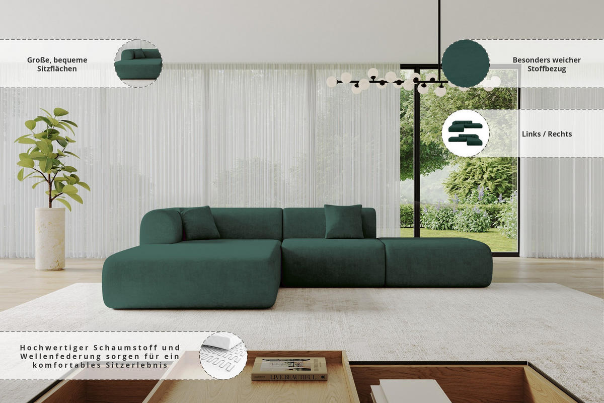 ECKSOFA Ottomane Links OVLY-L 289x176x71 Grün Samt - Jadegrün/Schwarz, Holzwerkstoff/Kunststoff (176/289cm) - ALTDECOR