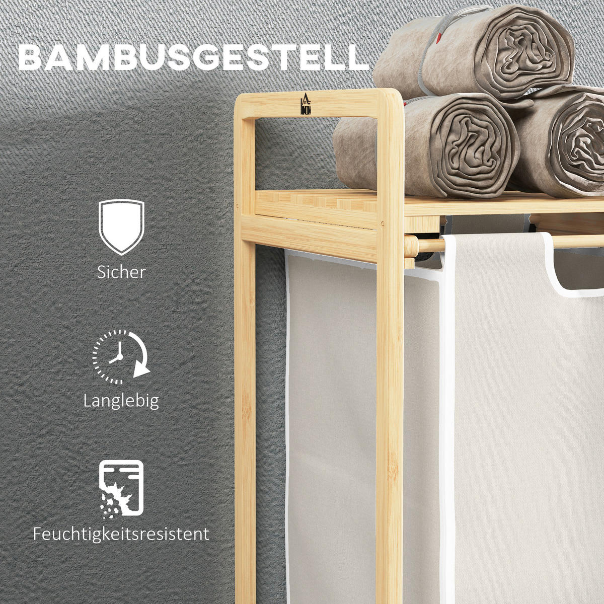 WÄSCHEKORB Wäschebox mit 2 abnehmbaren Wäschesacke Wäschesortierer Bambus - Creme/Naturfarben, Naturmaterialien (33/73/63.5cm) - HOMCOM