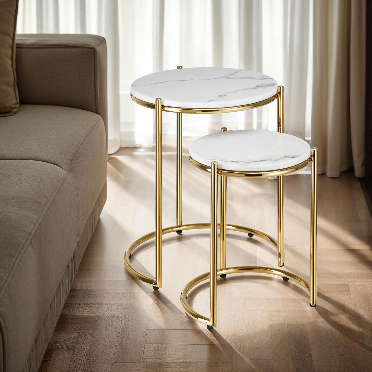 BEISTELLTISCH Ellsa,ineinander schiebbar,weiß/gold - Goldfarben/Weiß, Stein (43/43/50.5cm) - tectake