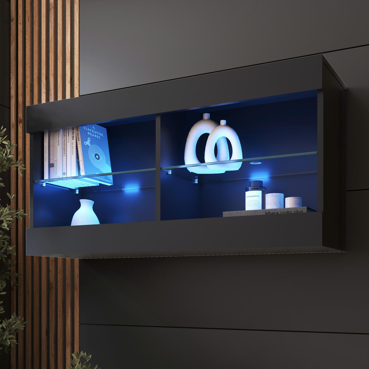 HÄNGEVITRINE TIVOLI HORIZONTAL 100, Schwarz, LED Blau - Schwarz, Glas/Holzwerkstoff (100/50/29.5cm) - Komodee