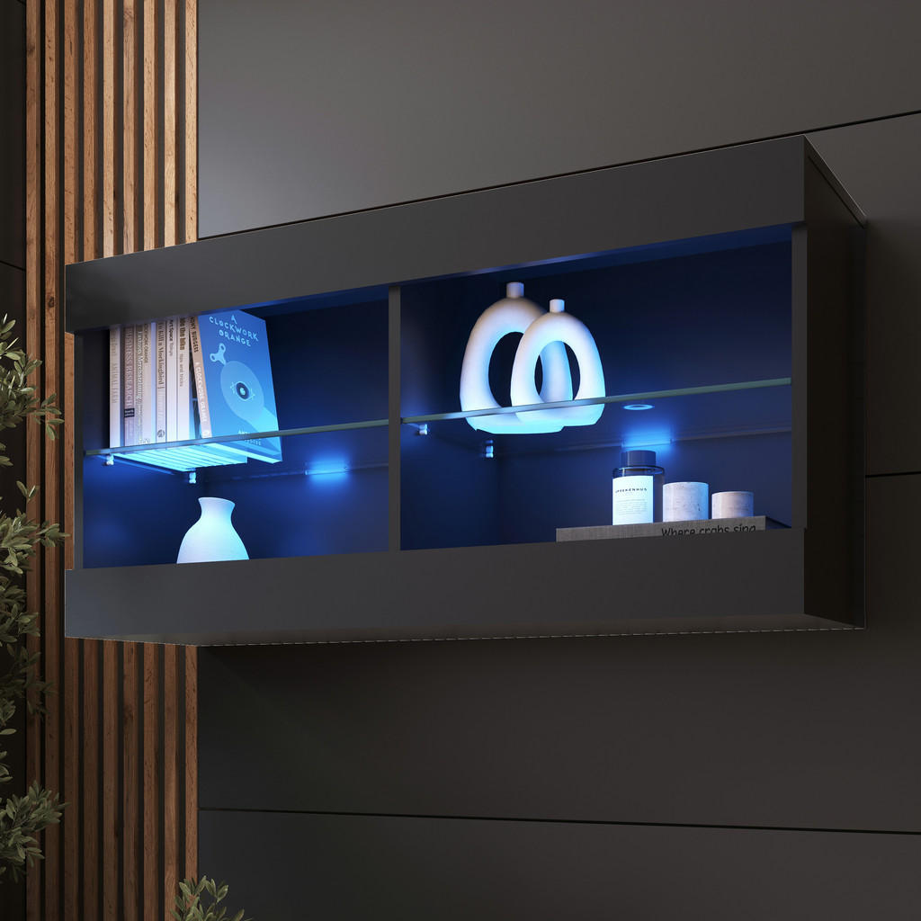 Thumbnail - Komodee Hängevitrine, Schwarz, Schwarz, Glas, 2 Fächer, Rechteckig, 100x50x29.5 cm, Wohnzimmer, Wohnwände, Vitrinenschrä...