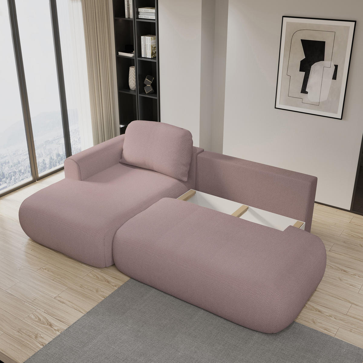 ECKSOFA NUVIRA L-S Rosa Geflochtener Stoff mit Schlaffunktion - Rosa, Holz (274/165cm) - MASSENO