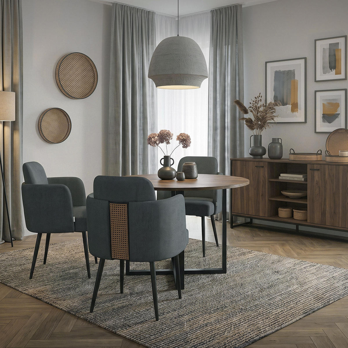 ESSZIMMERSTÜHLE 2er Set Anthrazit mit Stoffbezug Rattan Optik - Anthrazit/Schwarz, Textil/Metall (59/86/59cm) - ML-DESIGN