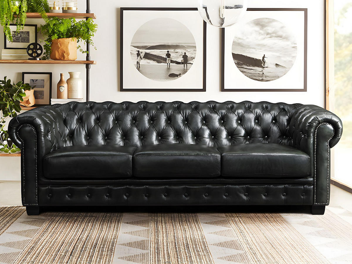 CHESTERFIELD Ledersofa 4-Sitzer - Büffelleder - Schwarzgrün - BRENTON - Grün, Leder (240/73/99cm) - Vente-Unique