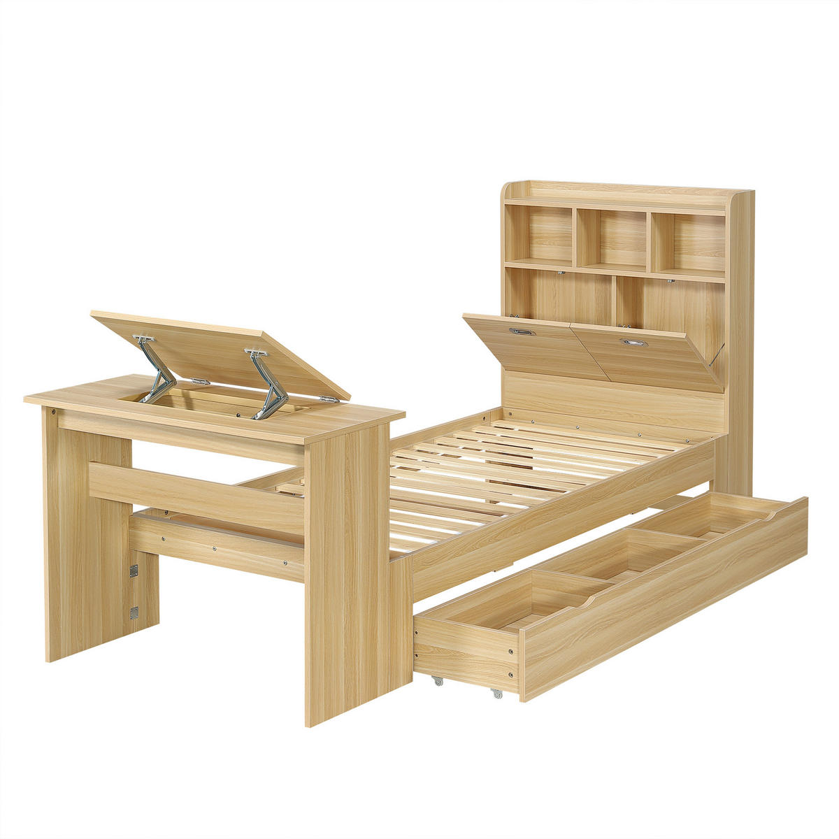 JUGENDBETT 90/200 cm in Natur mit Schublade, Regal und Klapptisch Holzdekor - Naturfarben, Holz/Holzwerkstoff (90/200cm) - CHICFURN