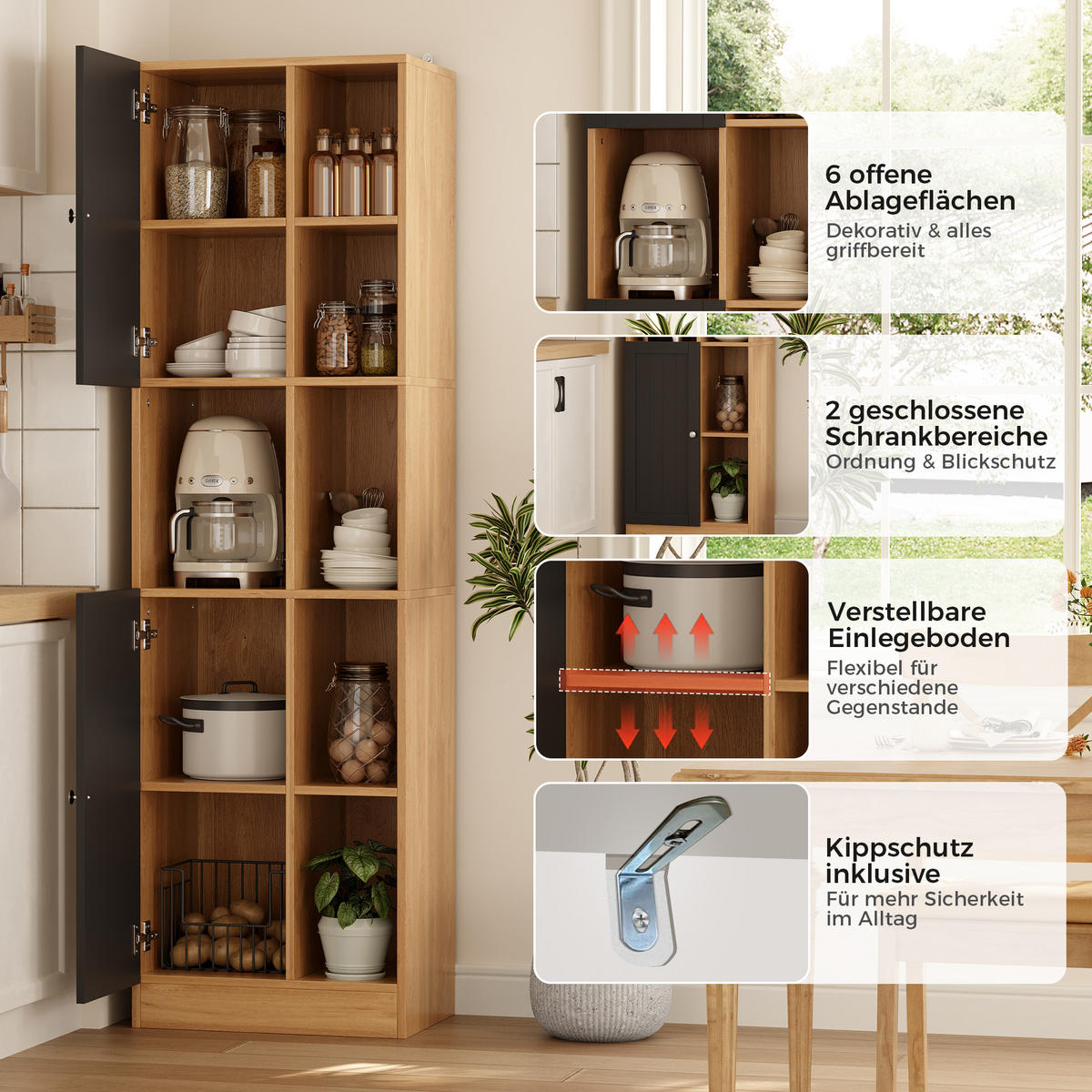 MEHRZWECKSCHRANK DE-38746 50/35,5/170 cm 6 offene Regale und 2 Türen Eiche - Naturfarben, Holzwerkstoff (50/170/35.5cm) - ComfortXL