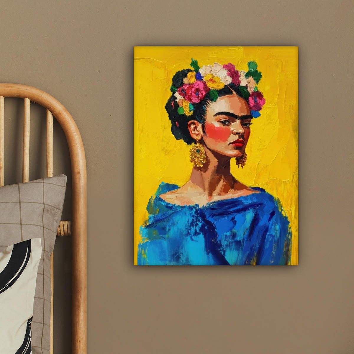 LEINWANDBILD Frida Kahlo - Frau - Gelb - Blau - Blumen 30x40 cm - Gelb, Textil (30/40cm) - MuchoWow