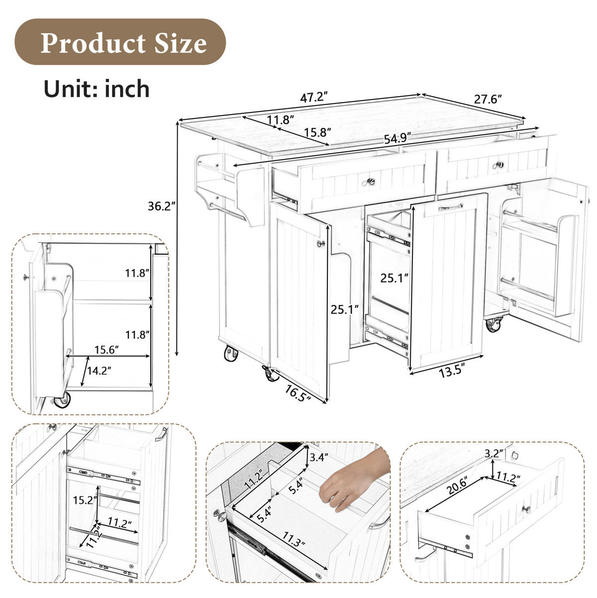 KÜCHENINSEL 140/92/40-70 cm Weiß/Natur aus MDF mit ausziehbarer Arbeitsplatte - Weiß, Holzwerkstoff (40/92/140cm) - OKMYHOME