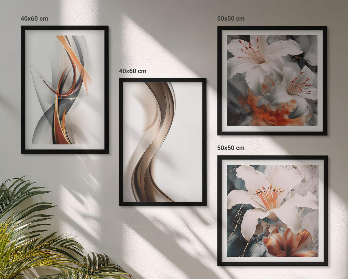 BILDER SET 4er Set - 50x50 cm & 40x60 cm Schwarzer Rahmen - Gelbgrau-braune Wellen - Schwarz, Kunststoff (50/50cm) - TULUP