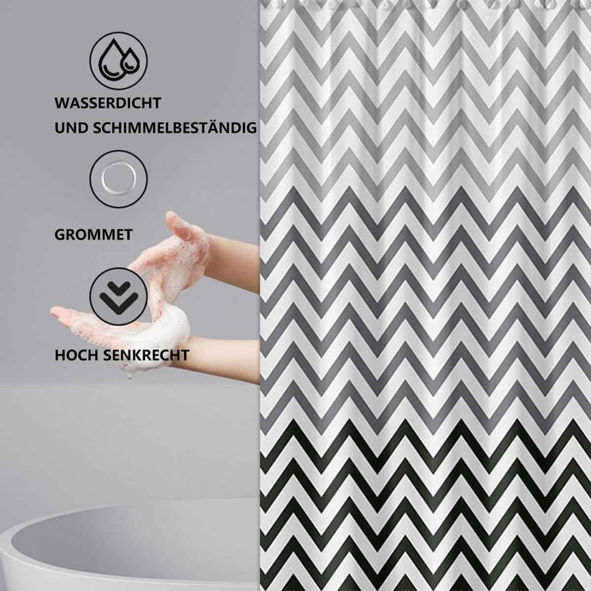 DUSCHVORHANG Grau Weiß geometrisch gestreift PEVA wasserdicht mit Haken - Multicolor, Kunststoff (120/180cm) - MCBOSON