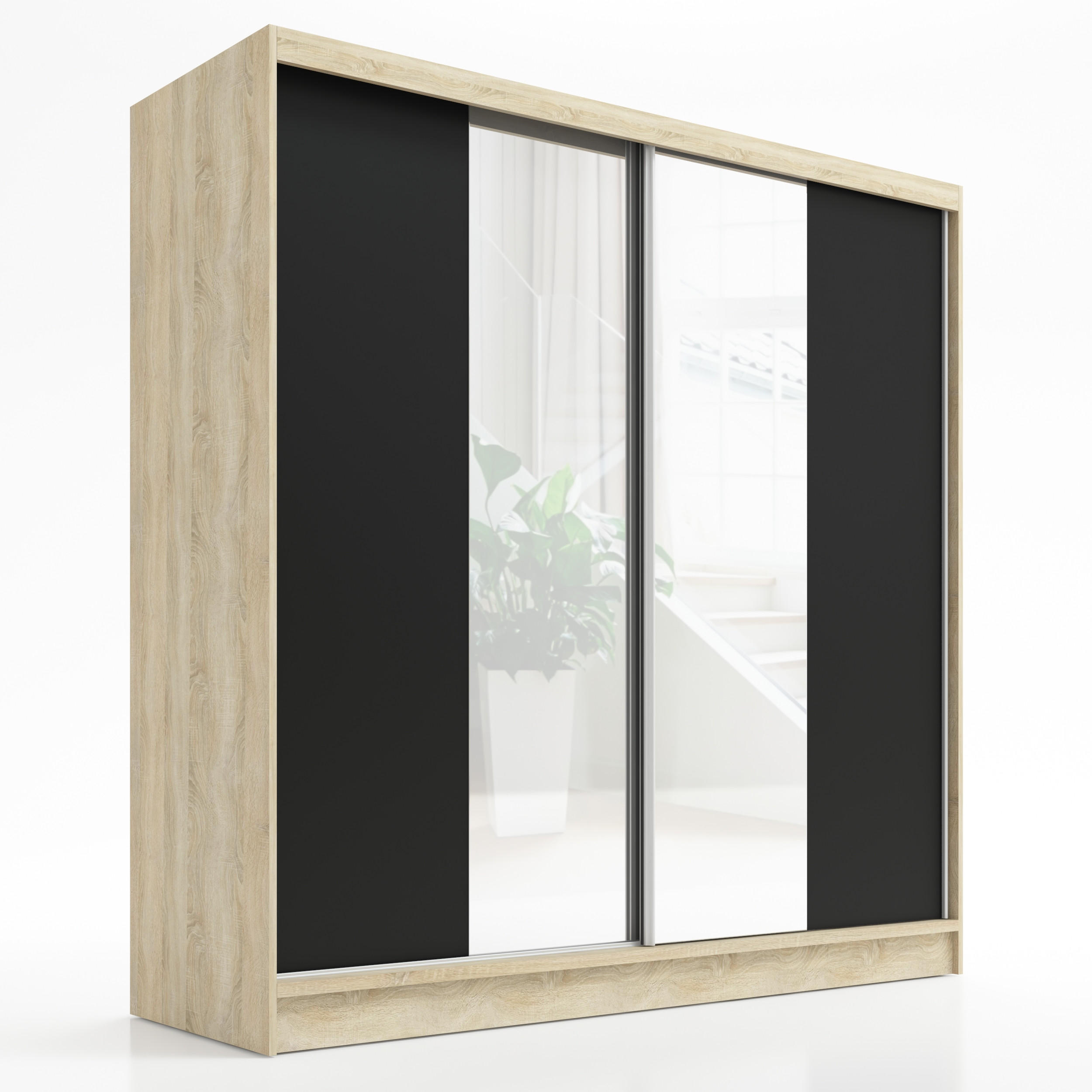 SCHWEBETÜRENSCHRANK 200 CM DUO Farbe: Sonoma | schwarz - Schwarz/Braun, Holzwerkstoff (200/215/60cm) - A&J MöbelLand